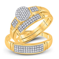 Load image into Gallery viewer, 10kt Yellow Gold His Hers Round Diamond Cluster Matching Wedding Set 1/3 Cttw
