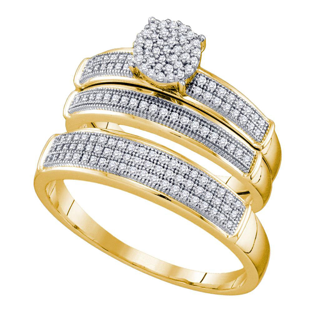 10kt Yellow Gold His Hers Round Diamond Cluster Matching Wedding Set 3/8 Cttw