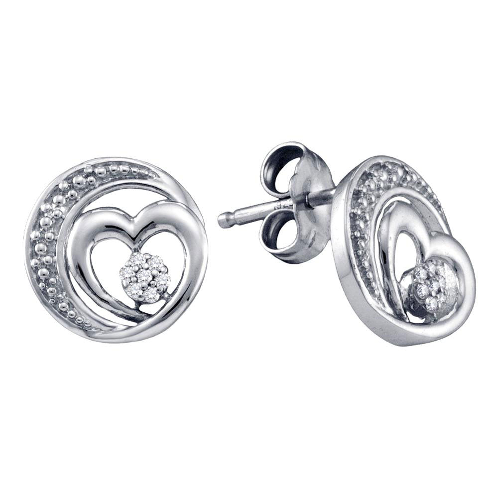 Sterling Silver Womens Round Diamond Heart Earrings 1/20 Cttw