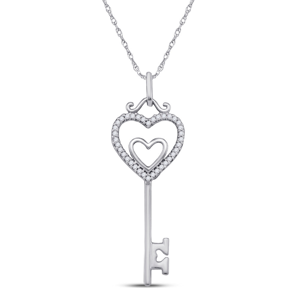 10kt White Gold Womens Round Diamond Heart Key Pendant 1/10 Cttw