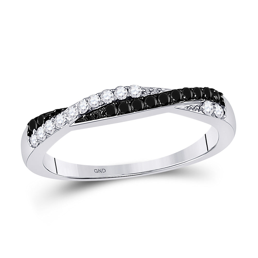 10kt White Gold Womens Round Black Color Enhanced Diamond Crossover Band Ring 1/4 Cttw