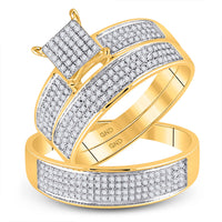 Load image into Gallery viewer, 10kt Yellow Gold His Hers Round Diamond Cluster Matching Wedding Set 1/2 Cttw
