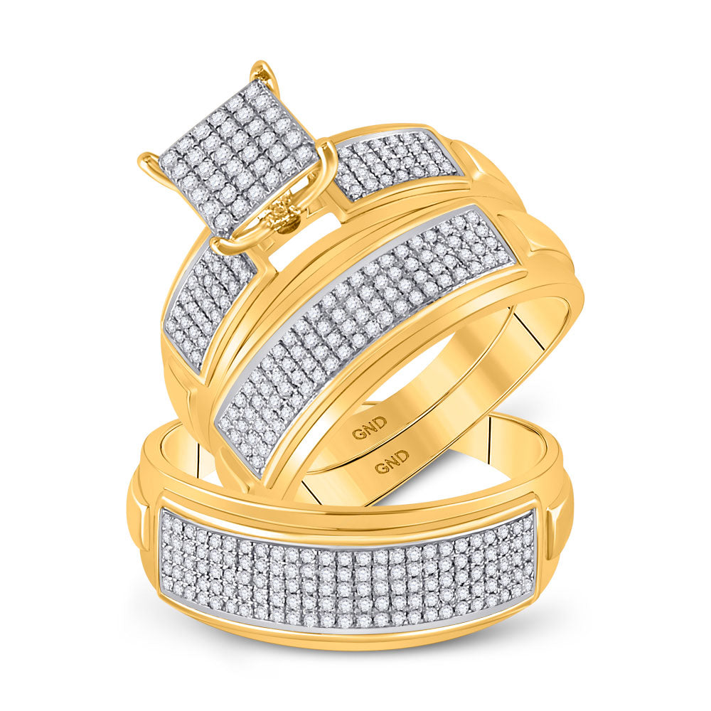 10kt Yellow Gold His Hers Round Diamond Cluster Matching Wedding Set 3/4 Cttw