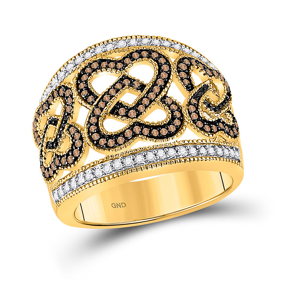 10kt Yellow Gold Womens Round Brown Diamond Joined Heart Ring 1/2 Cttw