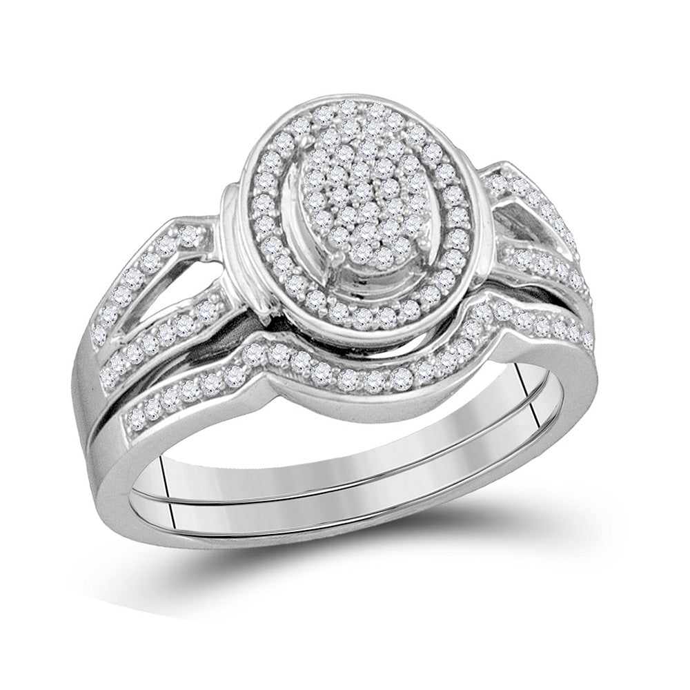 Sterling Silver Round Diamond Oval Cluster Bridal Wedding Ring Band Set 1/3 Cttw