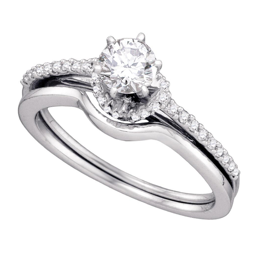 14kt White Gold Round Diamond Slender Bridal Wedding Ring Band Set 1/2 Cttw