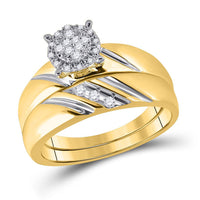 Load image into Gallery viewer, 10kt Yellow Gold His Hers Round Diamond Cluster Matching Wedding Set 1/5 Cttw
