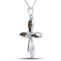 Load image into Gallery viewer, Sterling Silver Womens Round Brown Diamond Cross Pendant 1/4 Cttw

