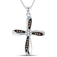 Load image into Gallery viewer, Sterling Silver Womens Round Brown Diamond Cross Pendant 1/4 Cttw
