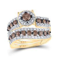 Load image into Gallery viewer, 10kt Yellow Gold Round Brown Diamond Bridal Wedding Ring Band Set 1-3/4 Cttw
