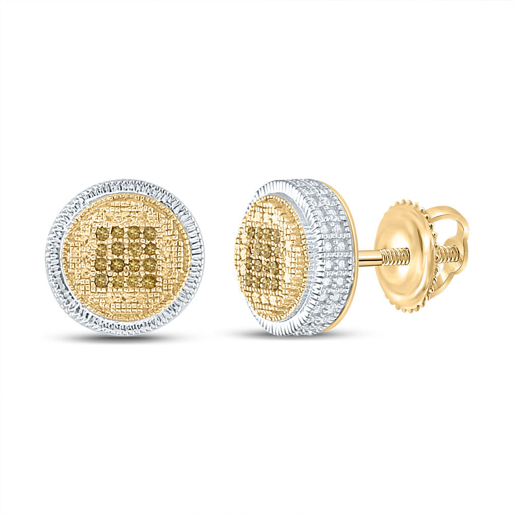 Sterling Silver Mens Round Yellow Color Enhanced Diamond Circle Earrings 1/10 Cttw