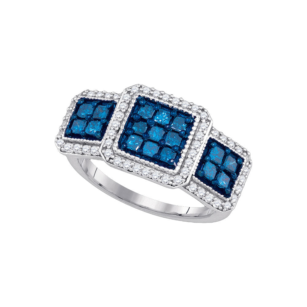 10kt White Gold Womens Round Blue Color Enhanced Diamond Triple Square Cluster Ring 1 Cttw