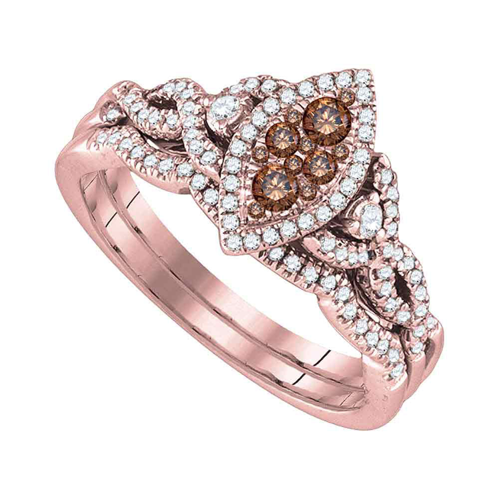 14kt Yellow Gold Womens Round Brown Diamond Bridal Wedding Ring Band Set 1/2 Cttw