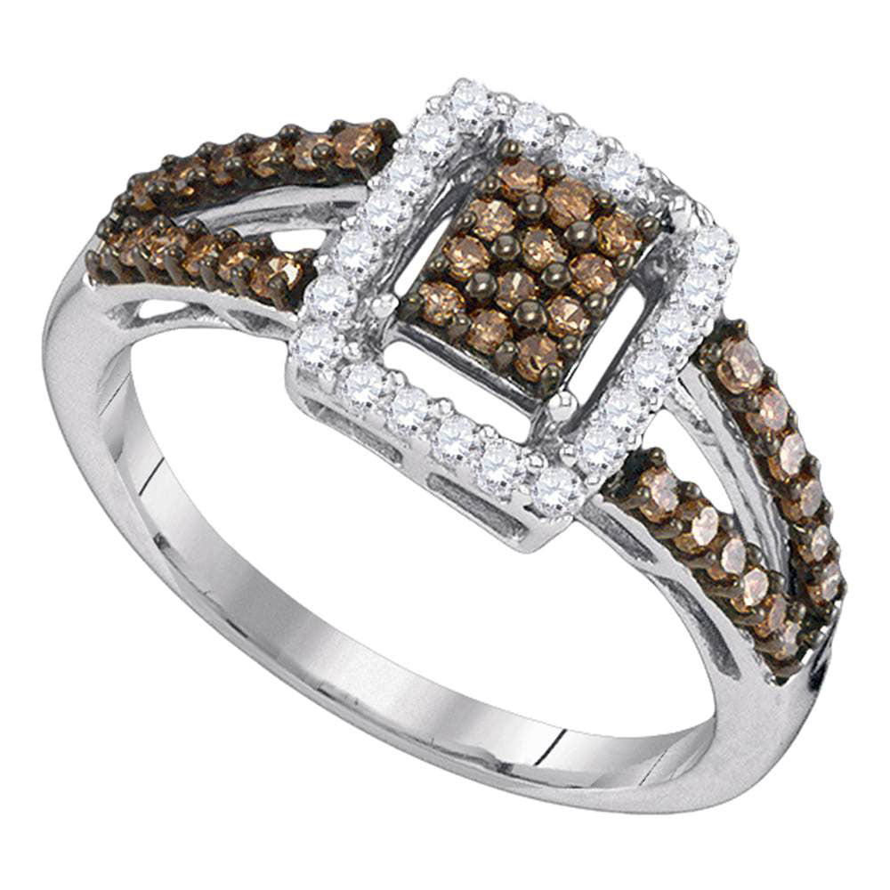 Sterling Silver Womens Round Brown Diamond Rectangle Cluster Ring 1/2 Cttw