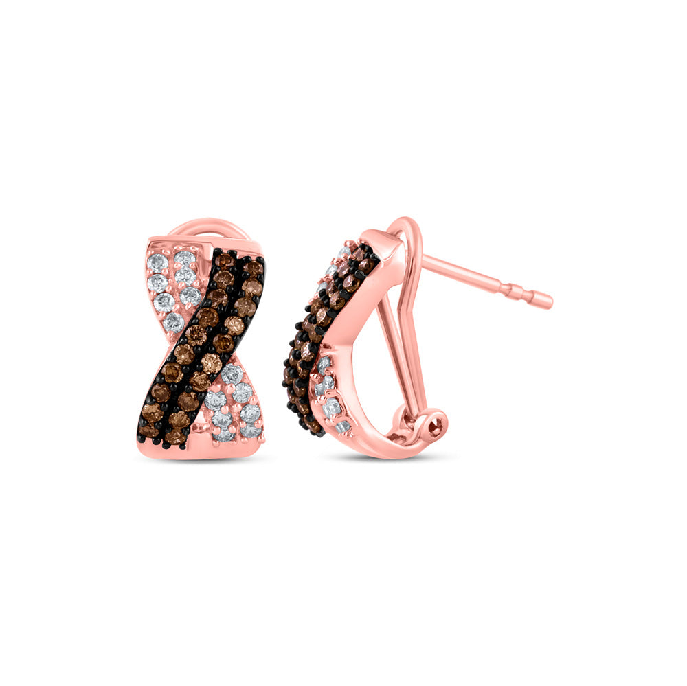 10kt Rose Gold Womens Round Brown Diamond Crossover Hoop Earrings 1/2 Cttw