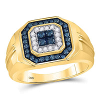 Load image into Gallery viewer, 10kt Yellow Gold Mens Round Blue Color Enhanced Diamond Square Ring 5/8 Cttw
