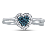 Load image into Gallery viewer, Sterling Silver Womens Round Blue Color Enhanced Diamond Heart Bridal Wedding Set 1/8 Cttw

