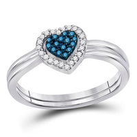 Load image into Gallery viewer, Sterling Silver Womens Round Blue Color Enhanced Diamond Heart Bridal Wedding Set 1/8 Cttw
