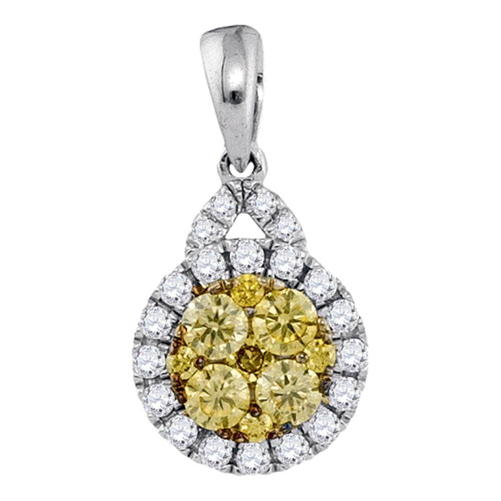 14kt White Gold Womens Round Yellow Diamond Circle Cluster Pendant 5/8 Cttw