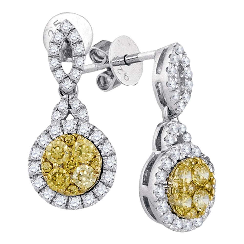 14kt White Gold Womens Round Yellow Diamond Circle Dangle Earrings 7/8 Cttw