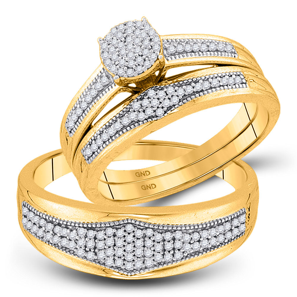 10kt Yellow Gold His Hers Round Diamond Cluster Matching Wedding Set 3/8 Cttw