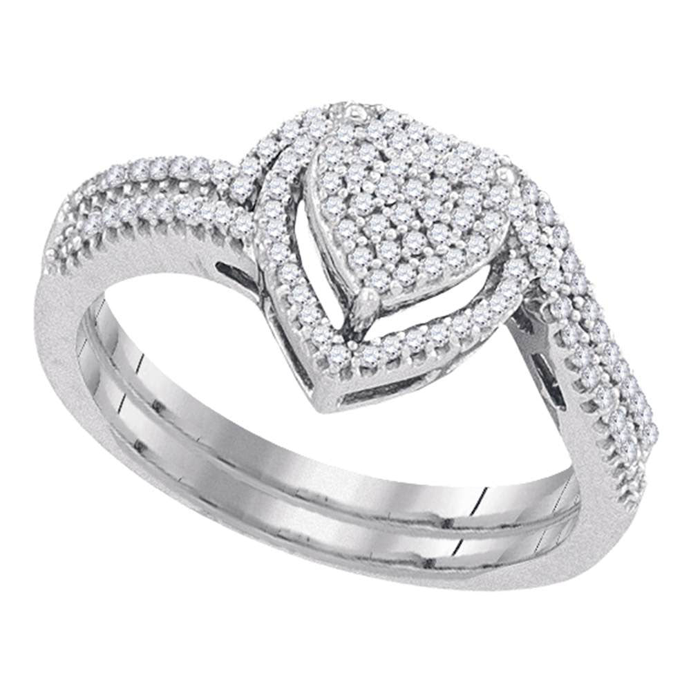 10kt White Gold Round Diamond Heart Bridal Wedding Ring Band Set 1/3 Cttw