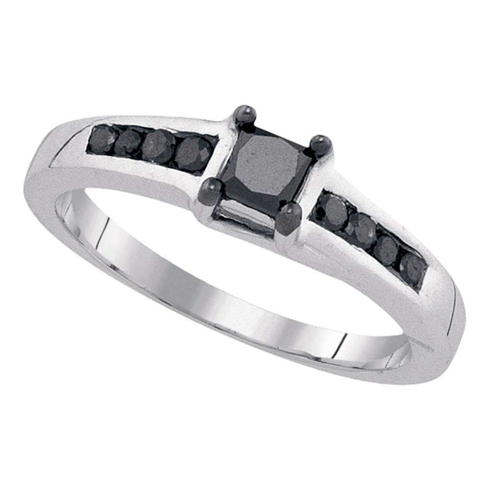 Sterling Silver Womens Princess Black Color Enhanced Diamond Solitaire Ring 1/2 Cttw