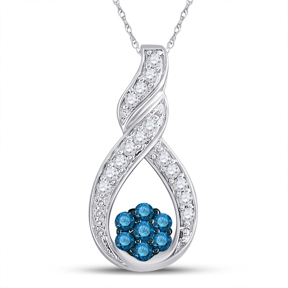 10kt White Gold Womens Round Blue Color Enhanced Diamond Cradled Cluster Pendant 1/4 Cttw