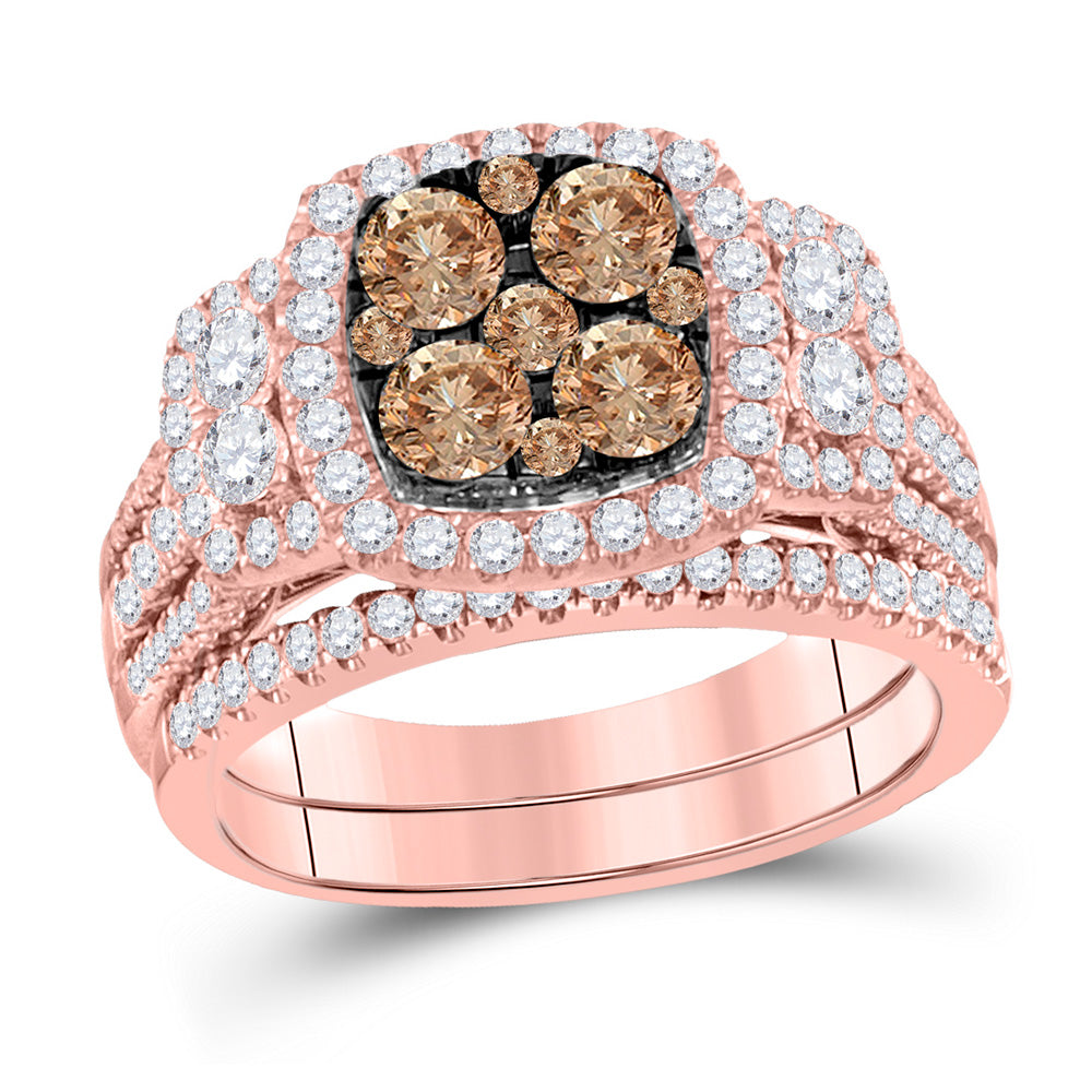 14kt Rose Gold Womens Round Brown Diamond Bridal Wedding Ring Band Set 2 Cttw