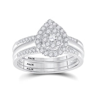 Load image into Gallery viewer, 14k White Gold Round Diamond Teardrop Cluster 3-Piece Bridal Wedding Ring Band Set 1/2 Cttw

