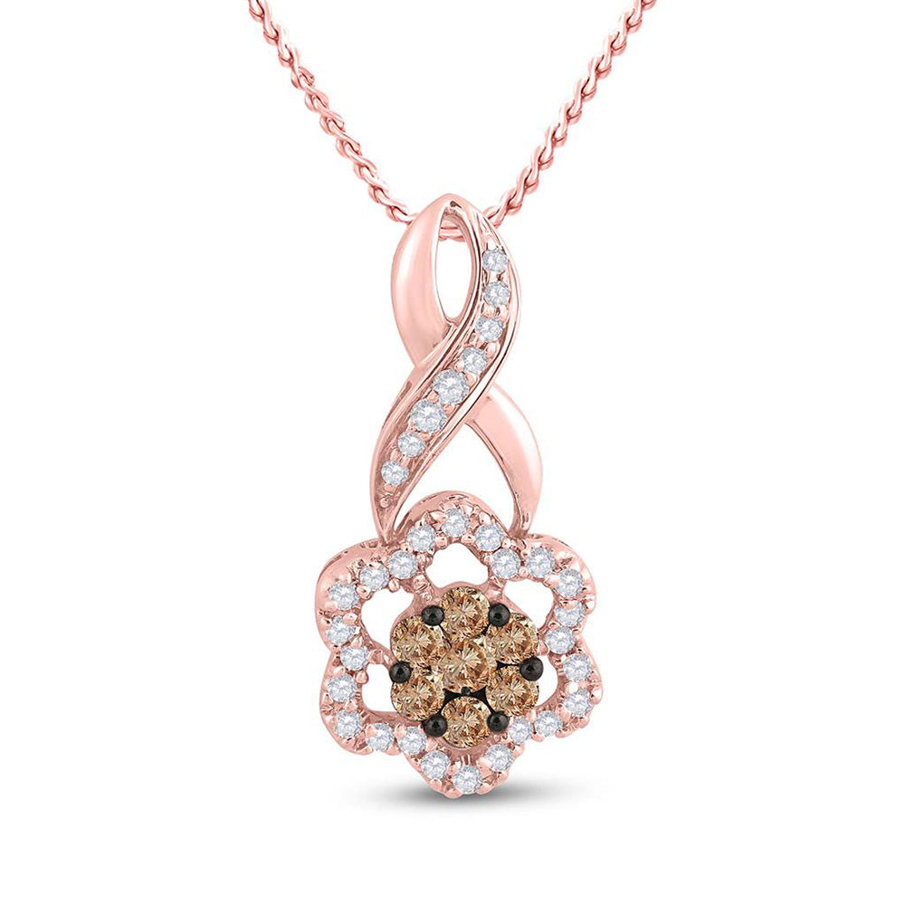 14kt Rose Gold Womens Round Brown Diamond Flower Cluster Pendant 1/2 Cttw