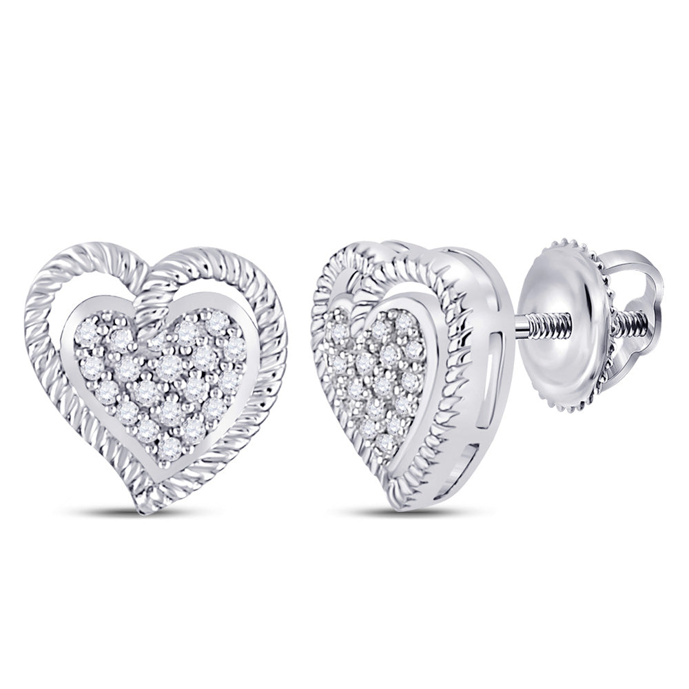 10kt White Gold Womens Round Diamond Rope Heart Cluster Earrings 1/10 Cttw