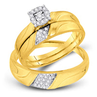 Load image into Gallery viewer, 10kt Yellow Gold His Hers Round Diamond Solitaire Matching Wedding Set 1/5 Cttw

