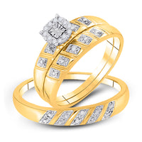 Load image into Gallery viewer, 10kt Yellow Gold His Hers Round Diamond Solitaire Matching Wedding Set 1/10 Cttw
