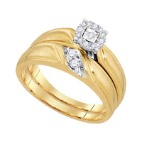 Load image into Gallery viewer, 10kt Yellow Gold His Hers Round Diamond Solitaire Matching Wedding Set 1/4 Cttw
