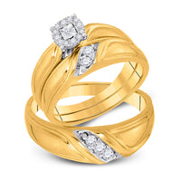 Load image into Gallery viewer, 10kt Yellow Gold His Hers Round Diamond Solitaire Matching Wedding Set 1/4 Cttw
