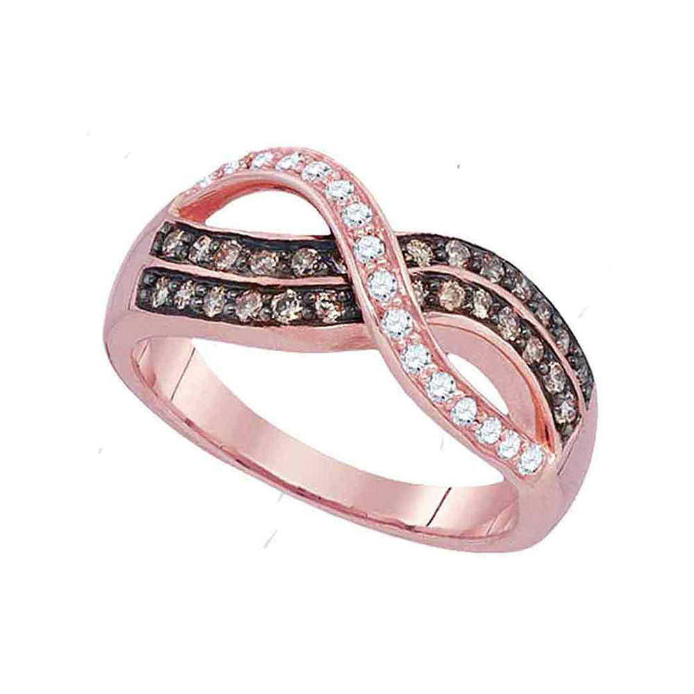 10kt Rose Gold Womens Round Brown Diamond Crossover Band Ring 1/2 Cttw