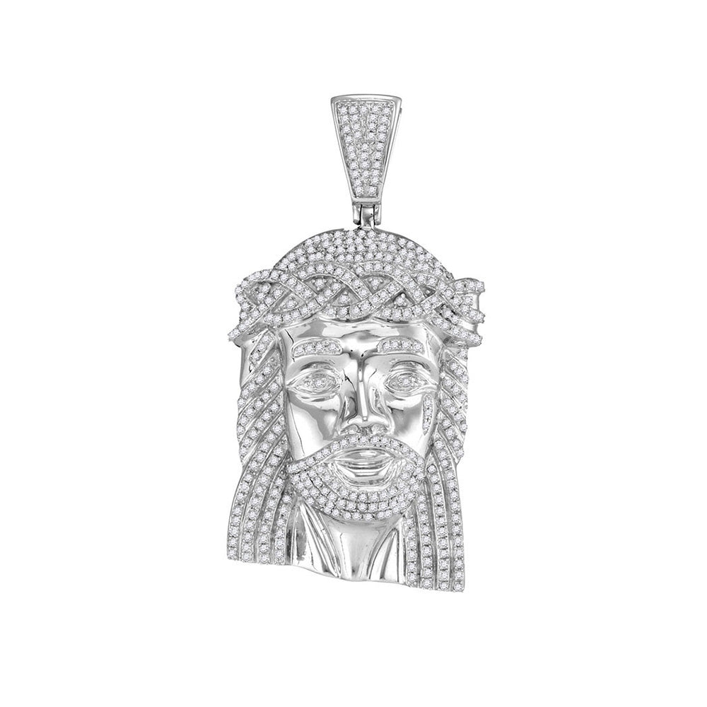 10kt White Gold Mens Round Diamond Jesus Face Charm Pendant 1-5/8 Cttw