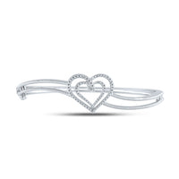 Load image into Gallery viewer, Sterling Silver Womens Round Diamond Double Heart Bangle Bracelet 1/20 Cttw

