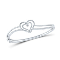 Load image into Gallery viewer, Sterling Silver Womens Round Diamond Double Heart Bangle Bracelet 1/20 Cttw

