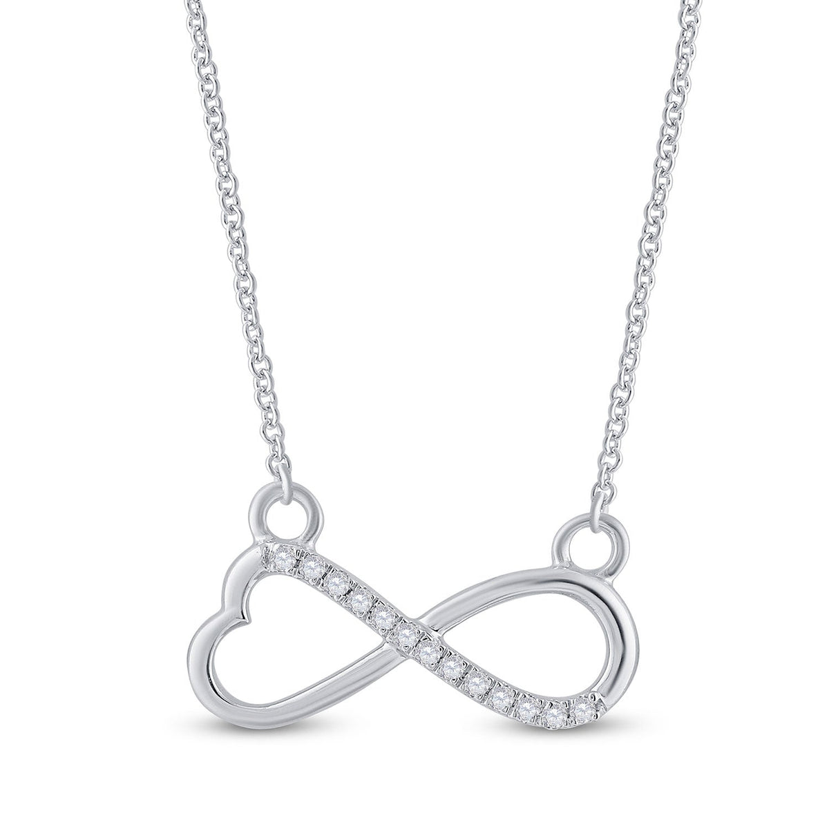 10kt White Gold Womens Round Diamond Infinity Heart Necklace 1/12 Cttw