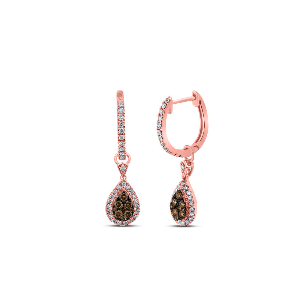 14kt Rose Gold Womens Round Brown Diamond Teardrop Dangle Earrings 1/2 Cttw