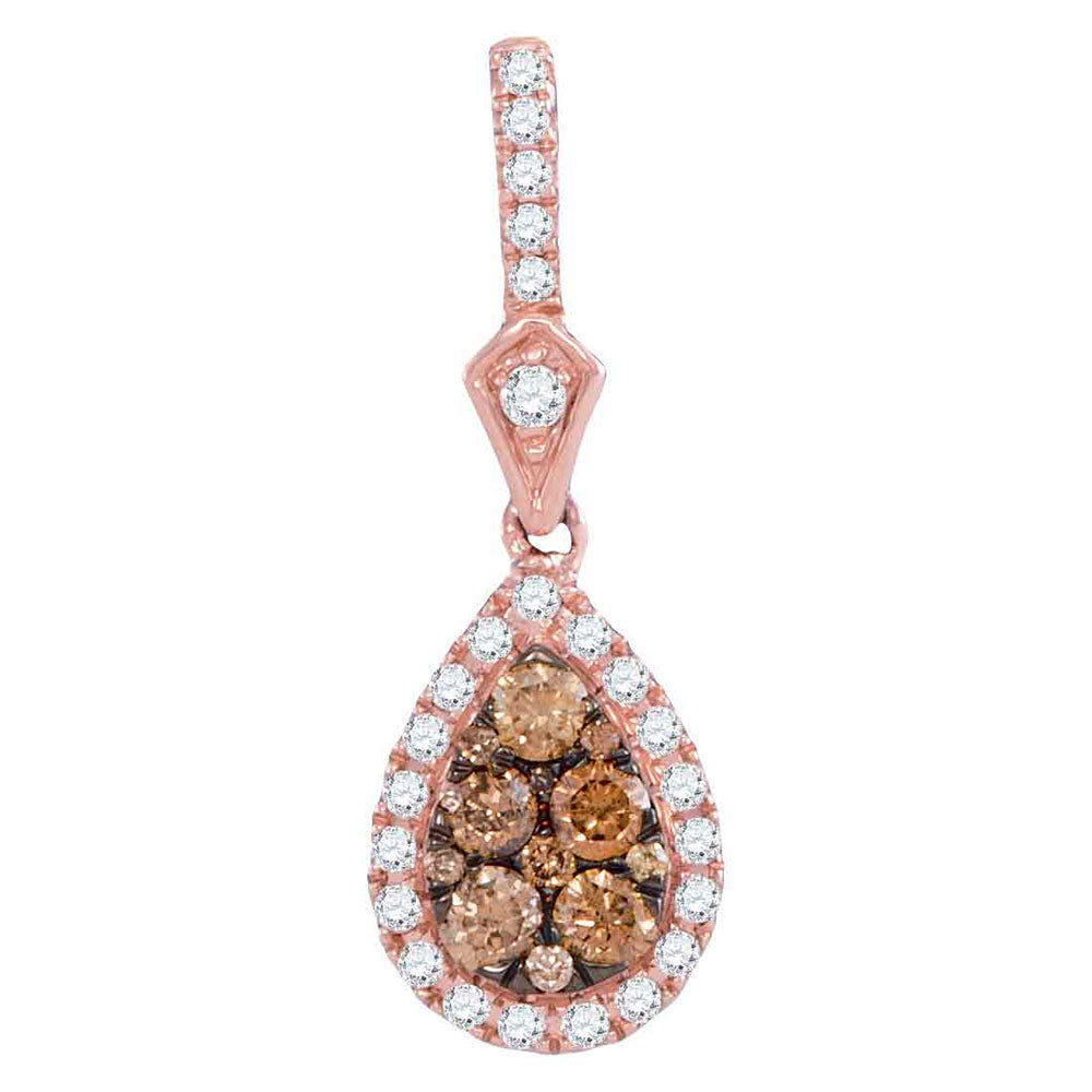 14kt Rose Gold Womens Round Brown Diamond Teardrop Pendant 1/2 Cttw