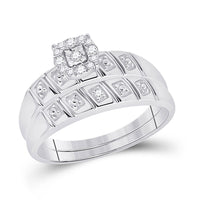 Load image into Gallery viewer, Sterling Silver His Hers Round Diamond Cluster Matching Wedding Set 1/10 Cttw
