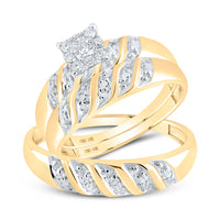 Load image into Gallery viewer, 10kt Yellow Gold His Hers Round Diamond Cluster Matching Wedding Set 1/8 Cttw
