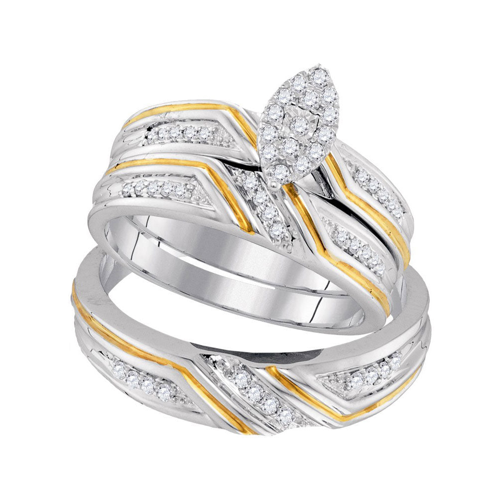 10kt White Gold His Hers Round Diamond Marquise Matching Wedding Set 1/3 Cttw