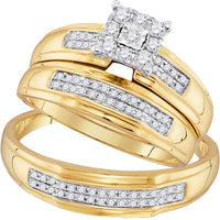 Load image into Gallery viewer, 10kt Yellow Gold His Hers Round Diamond Cluster Matching Wedding Set 1/3 Cttw
