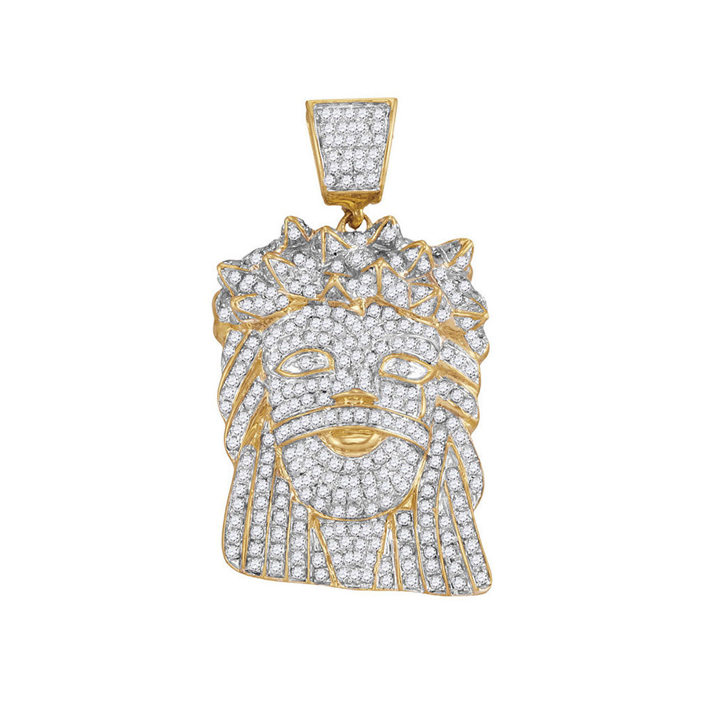 10kt Yellow Gold Mens Round Diamond Jesus Face Charm Pendant 1-3/4 Cttw