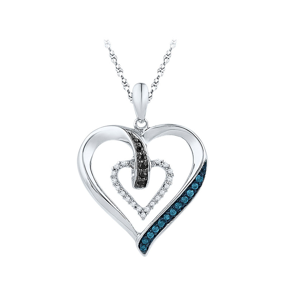 10kt White Gold Womens Round Black Blue Color Enhanced Diamond Heart Pendant 1/6 Cttw