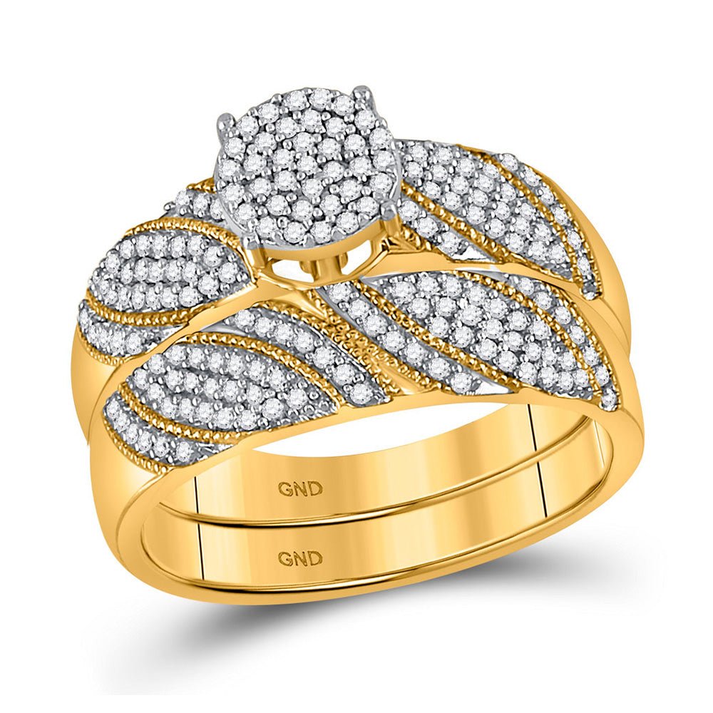10kt Yellow Gold Round Diamond Cluster Bridal Wedding Ring Band Set 3/8 Cttw